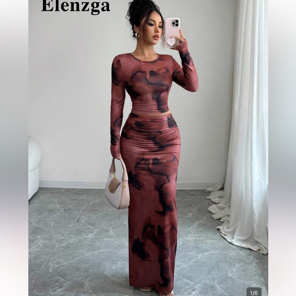 Rust Marble-Print Maxi Skirt and top set